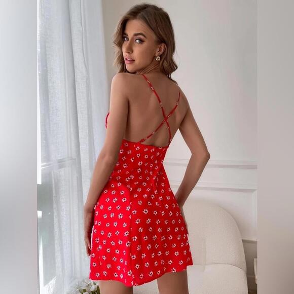 Zara Red & White Floral Daisy Linen Blend High Neck Mini Dress- Size Medium - Picture 4 of 8